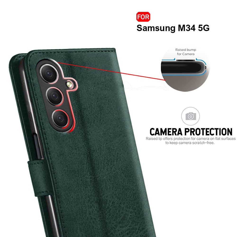 TheGiftKart Genuine Leather Finish Flip Back Cover Case for Samsung Galaxy M34 5G / F34 5G | Inbuilt Pockets & Stand | Designer Button Magnet Flip Cover Back Case for Samsung M34 5G / F34 5G (Blue)