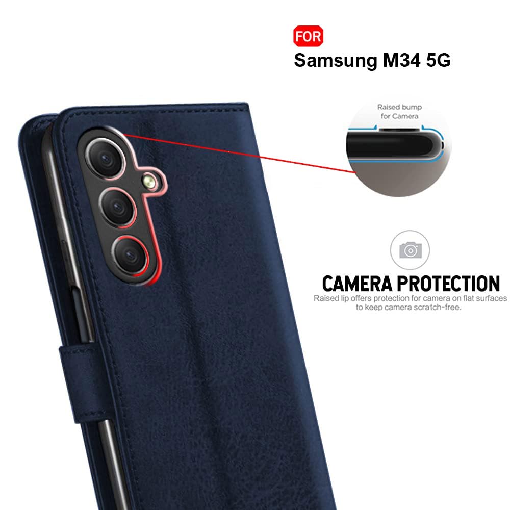 TheGiftKart Genuine Leather Finish Flip Back Cover Case for Samsung Galaxy M34 5G / F34 5G | Inbuilt Pockets & Stand | Designer Button Magnet Flip Cover Back Case for Samsung M34 5G / F34 5G (Blue)