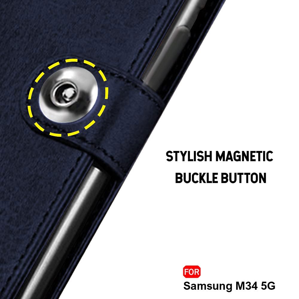 TheGiftKart Genuine Leather Finish Flip Back Cover Case for Samsung Galaxy M34 5G / F34 5G | Inbuilt Pockets & Stand | Designer Button Magnet Flip Cover Back Case for Samsung M34 5G / F34 5G (Blue)