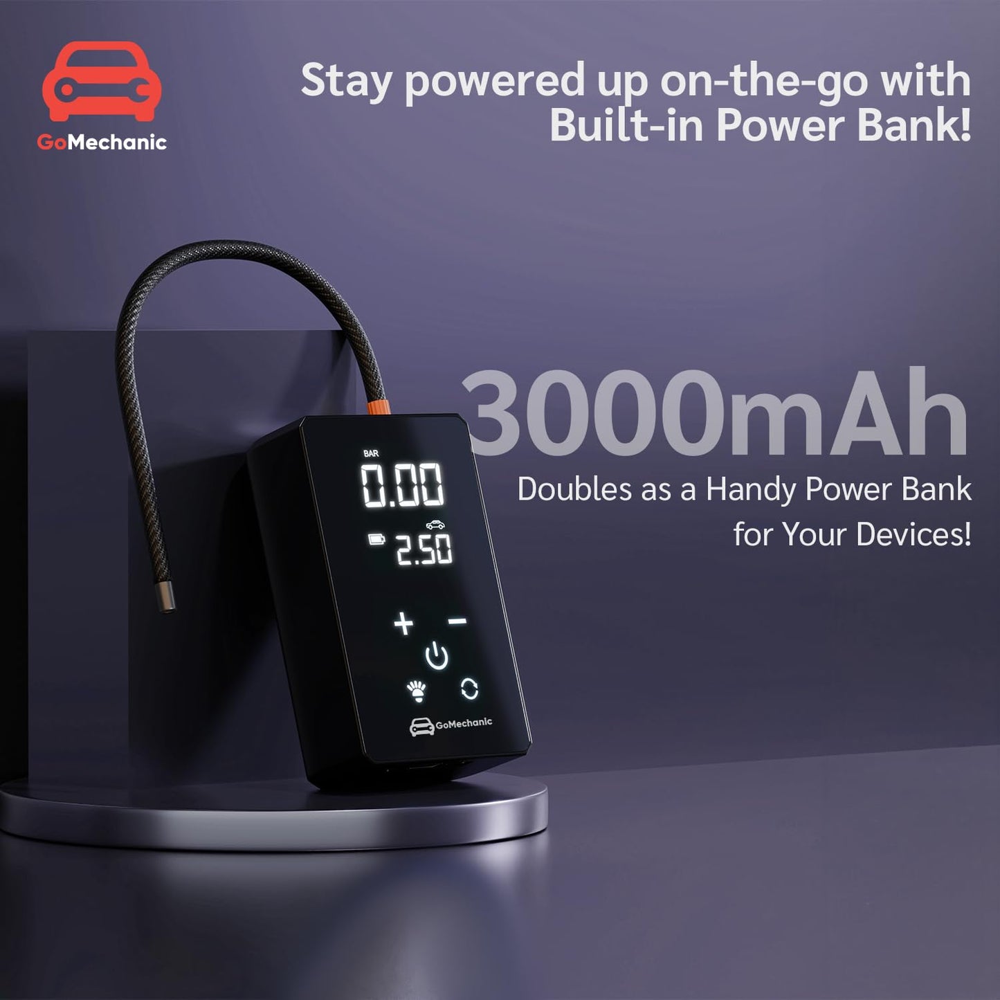 GoMechanic Digital Tyre Inflator for Car - 150 psi, 12V DC Portable Air Pump/Compressor with Digital Tyre Pressure Gauge, Suitable for Bikes, Bicycles or Any Inflatable with LED Light (Gusto T10)