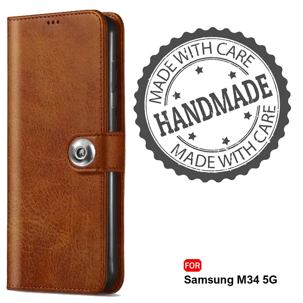 TheGiftKart Genuine Leather Finish Flip Back Cover Case for Samsung Galaxy M34 5G / F34 5G | Inbuilt Pockets & Stand | Designer Button Magnet Flip Cover Back Case for Samsung M34 5G / F34 5G (Blue)