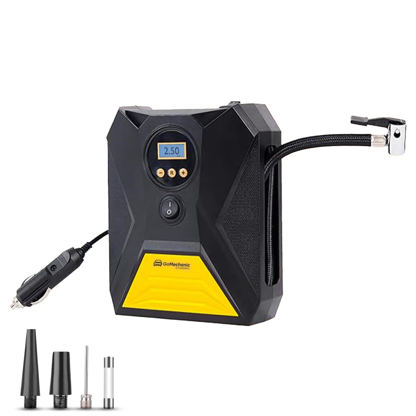 GoMechanic Digital Tyre Inflator for Car - 150 psi, 12V DC Portable Air Pump/Compressor with Digital Tyre Pressure Gauge, Suitable for Bikes, Bicycles or Any Inflatable with LED Light (Gusto T10)