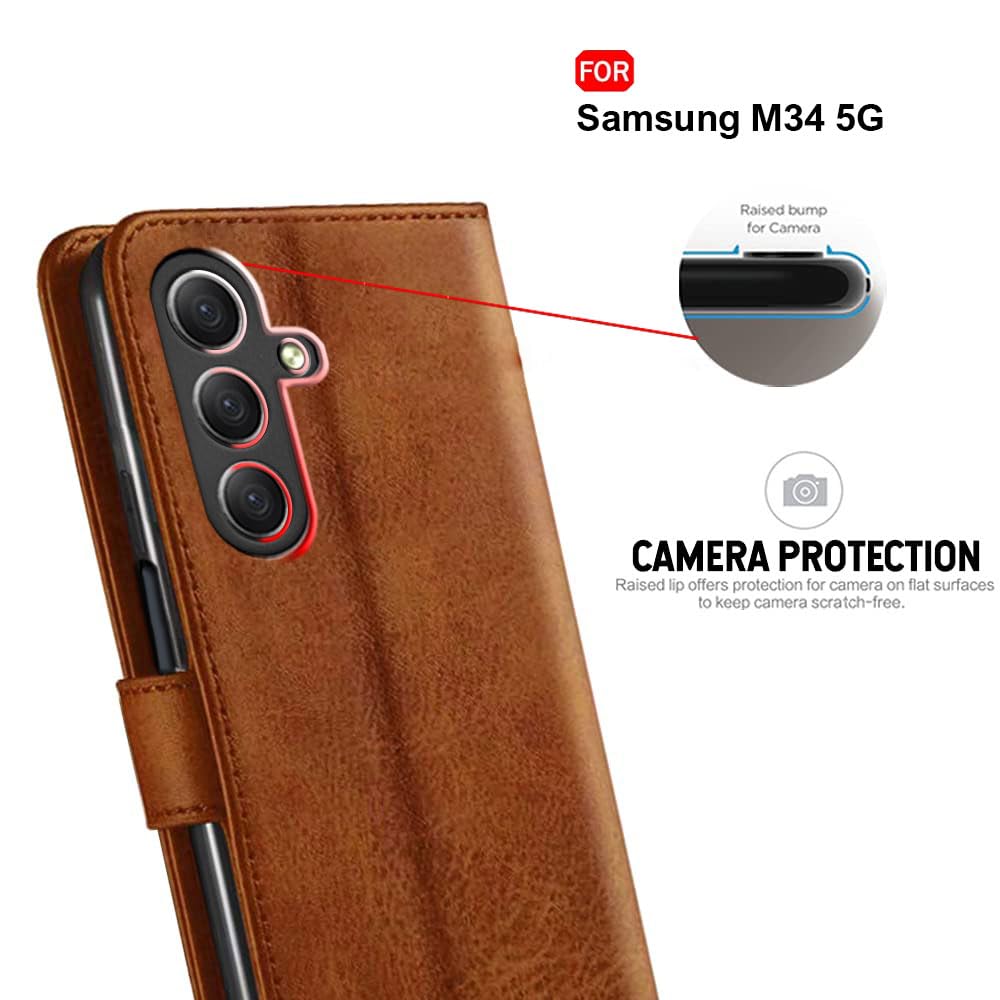 TheGiftKart Genuine Leather Finish Flip Back Cover Case for Samsung Galaxy M34 5G / F34 5G | Inbuilt Pockets & Stand | Designer Button Magnet Flip Cover Back Case for Samsung M34 5G / F34 5G (Blue)