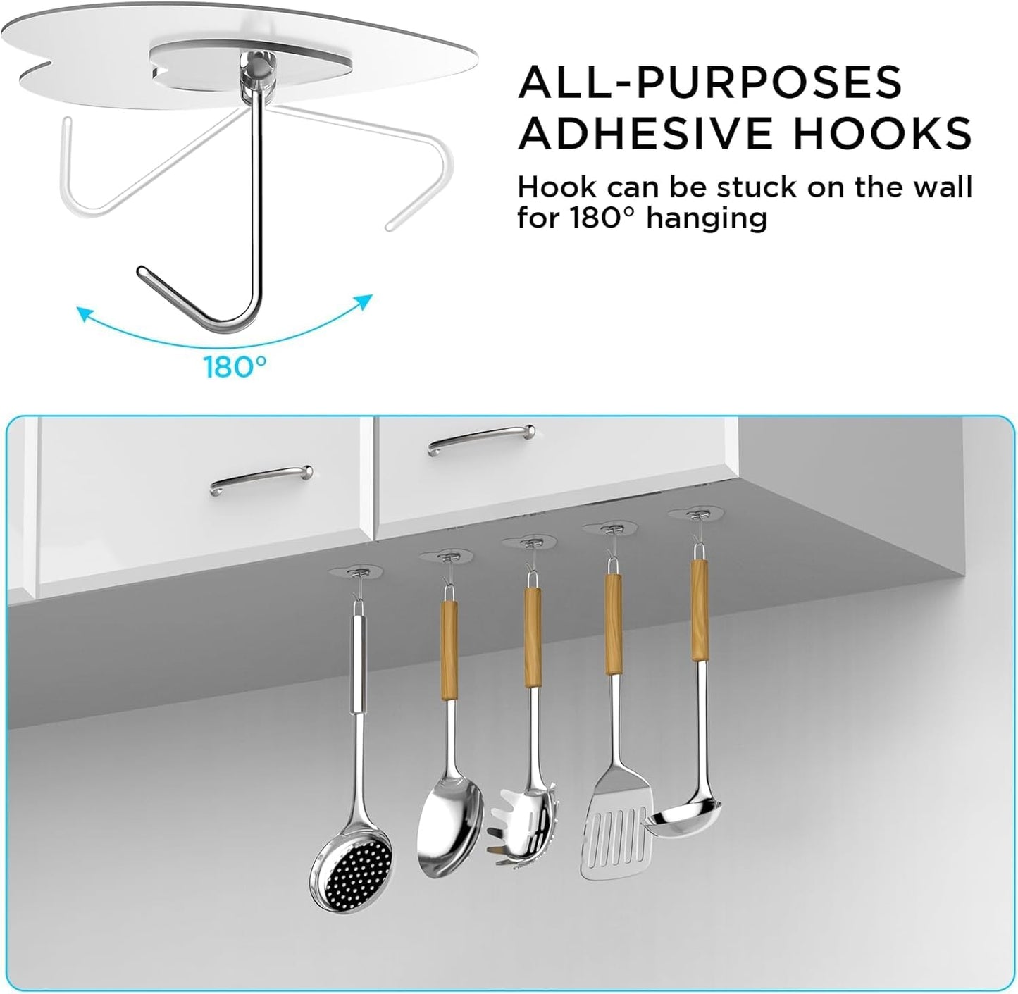 JIALTO Adhesive Hooks Kitchen Wall Hooks-Heavy Duty 13.2lb(Max) Nail Free Sticky Hangers with Stainless Hooks Reusable Utility Towel Bath Ceiling Hooks-10 pcs