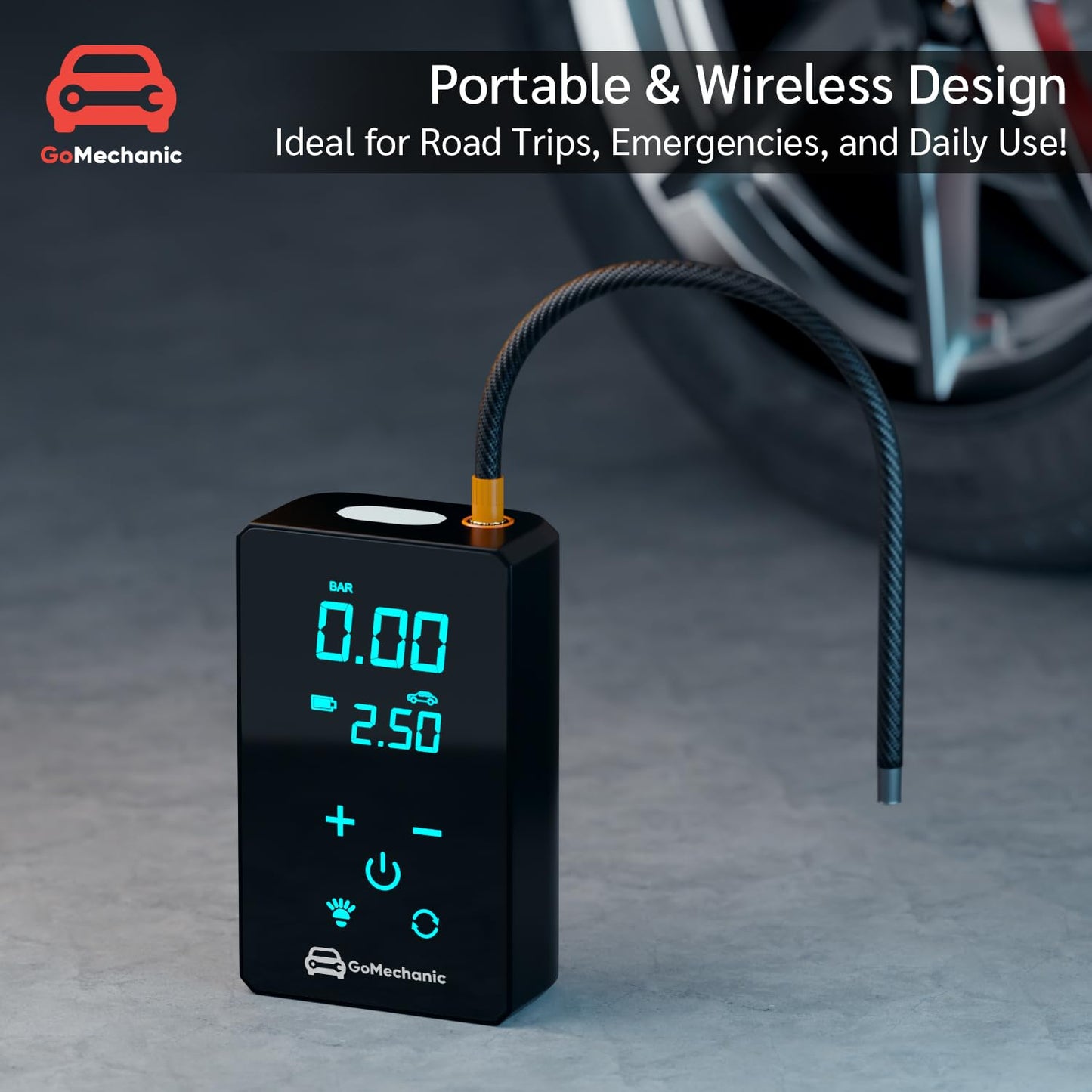 GoMechanic Digital Tyre Inflator for Car - 150 psi, 12V DC Portable Air Pump/Compressor with Digital Tyre Pressure Gauge, Suitable for Bikes, Bicycles or Any Inflatable with LED Light (Gusto T10)