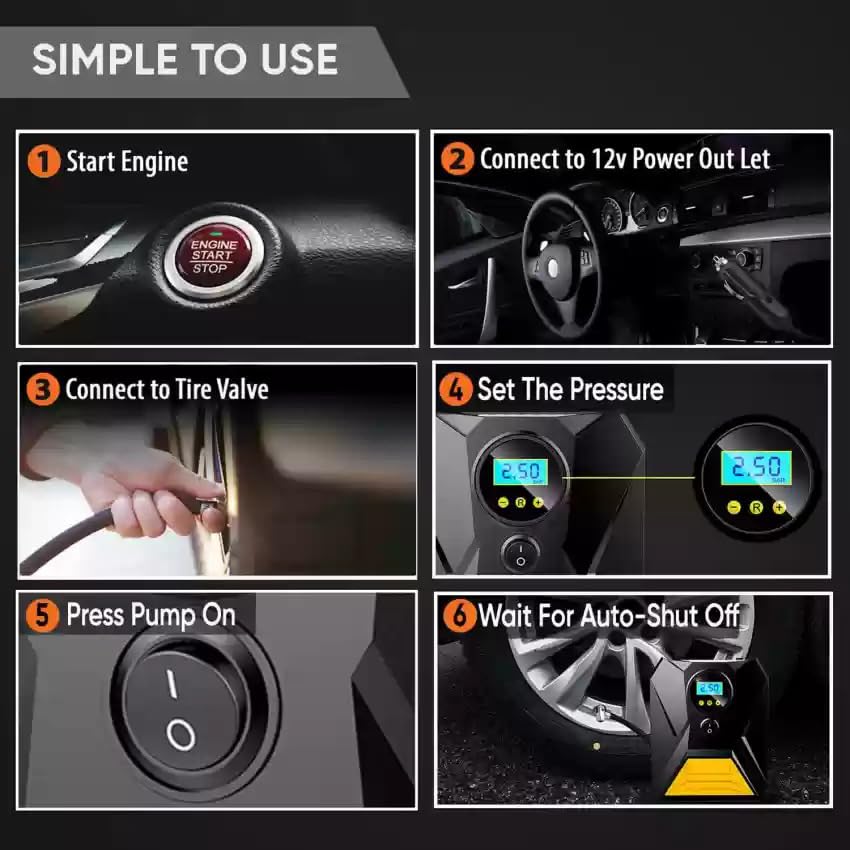 GoMechanic Digital Tyre Inflator for Car - 150 psi, 12V DC Portable Air Pump/Compressor with Digital Tyre Pressure Gauge, Suitable for Bikes, Bicycles or Any Inflatable with LED Light (Gusto T10)