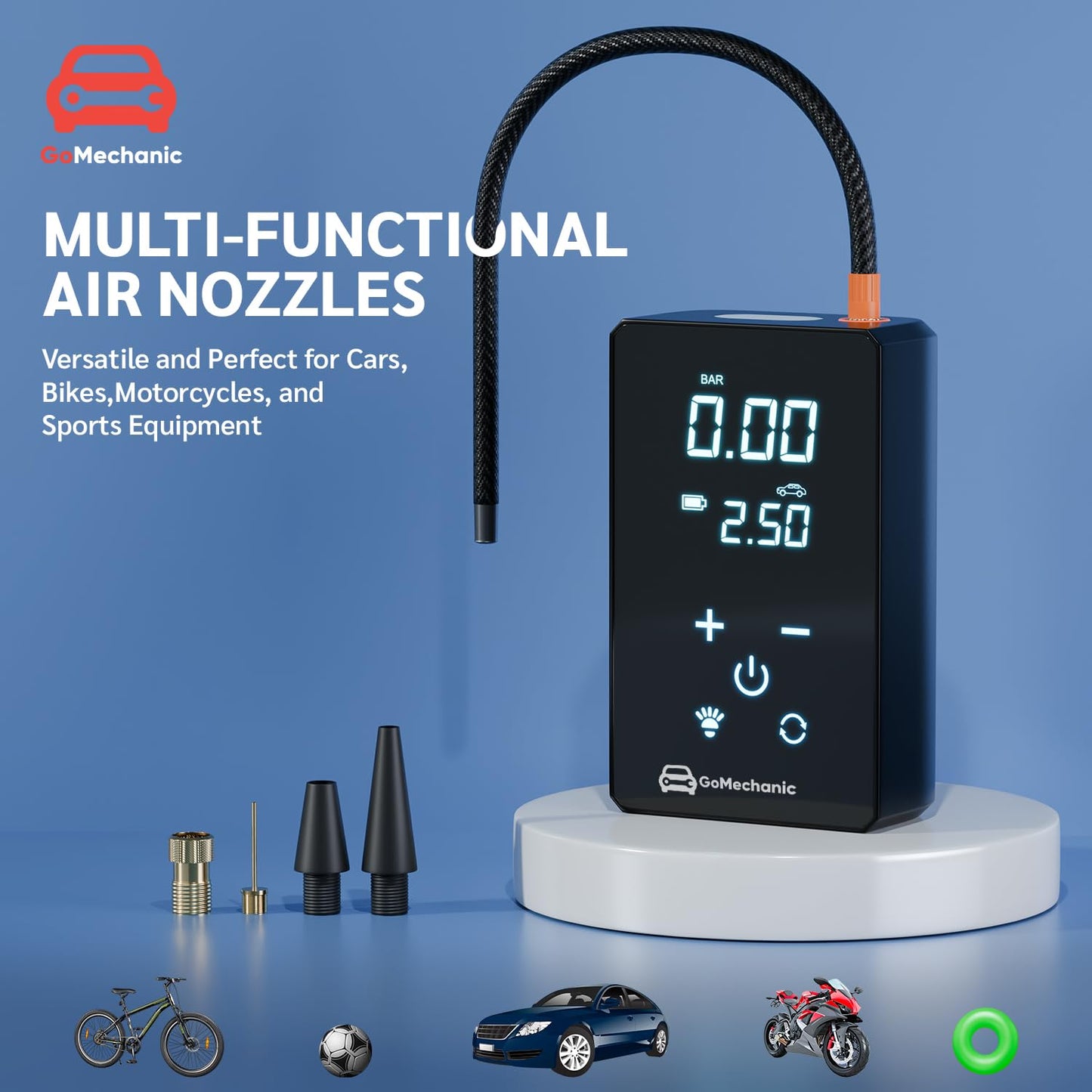 GoMechanic Digital Tyre Inflator for Car - 150 psi, 12V DC Portable Air Pump/Compressor with Digital Tyre Pressure Gauge, Suitable for Bikes, Bicycles or Any Inflatable with LED Light (Gusto T10)
