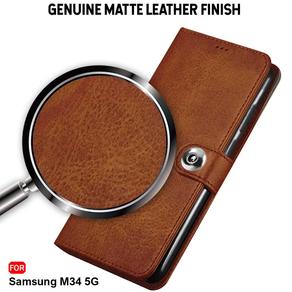 TheGiftKart Genuine Leather Finish Flip Back Cover Case for Samsung Galaxy M34 5G / F34 5G | Inbuilt Pockets & Stand | Designer Button Magnet Flip Cover Back Case for Samsung M34 5G / F34 5G (Blue)