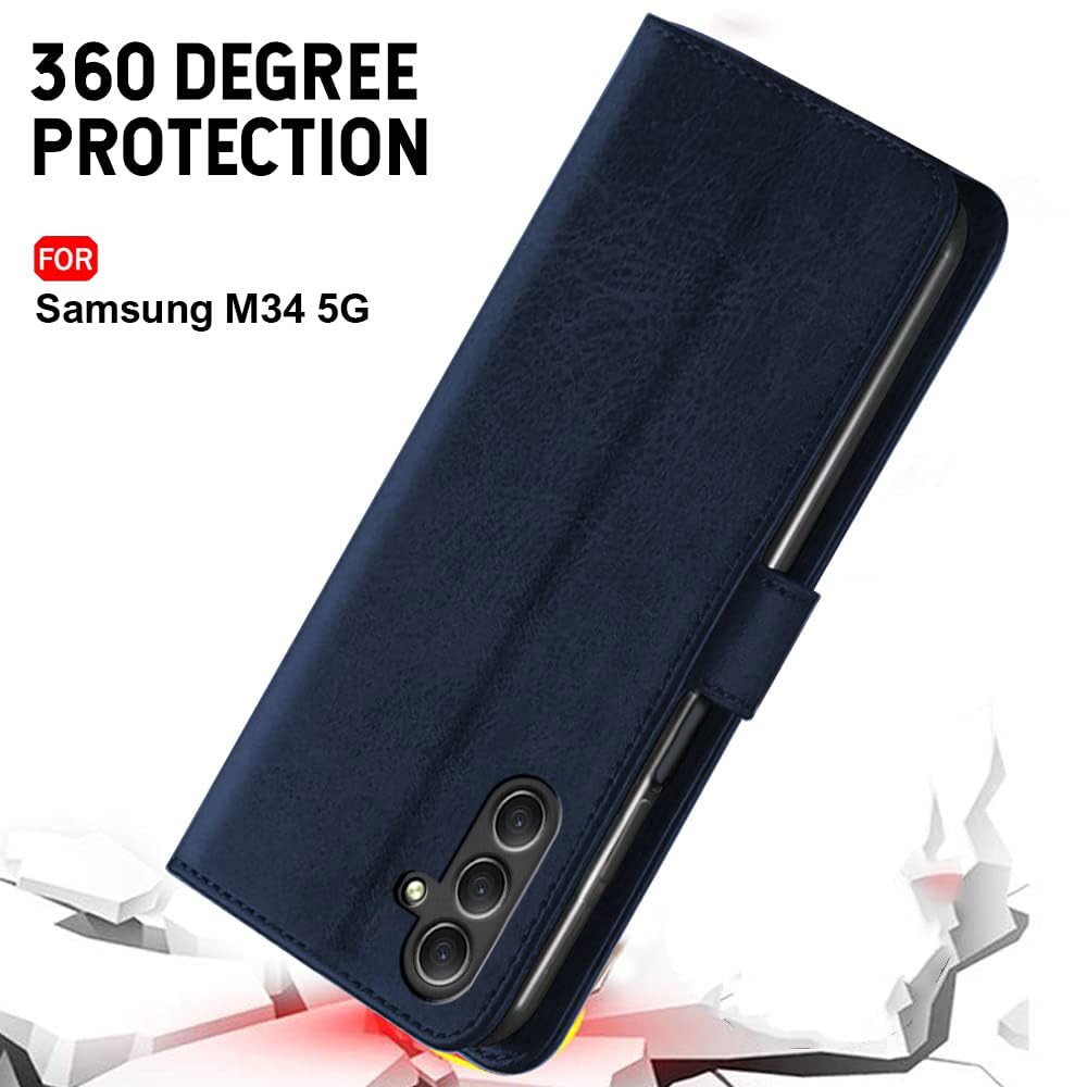 TheGiftKart Genuine Leather Finish Flip Back Cover Case for Samsung Galaxy M34 5G / F34 5G | Inbuilt Pockets & Stand | Designer Button Magnet Flip Cover Back Case for Samsung M34 5G / F34 5G (Blue)