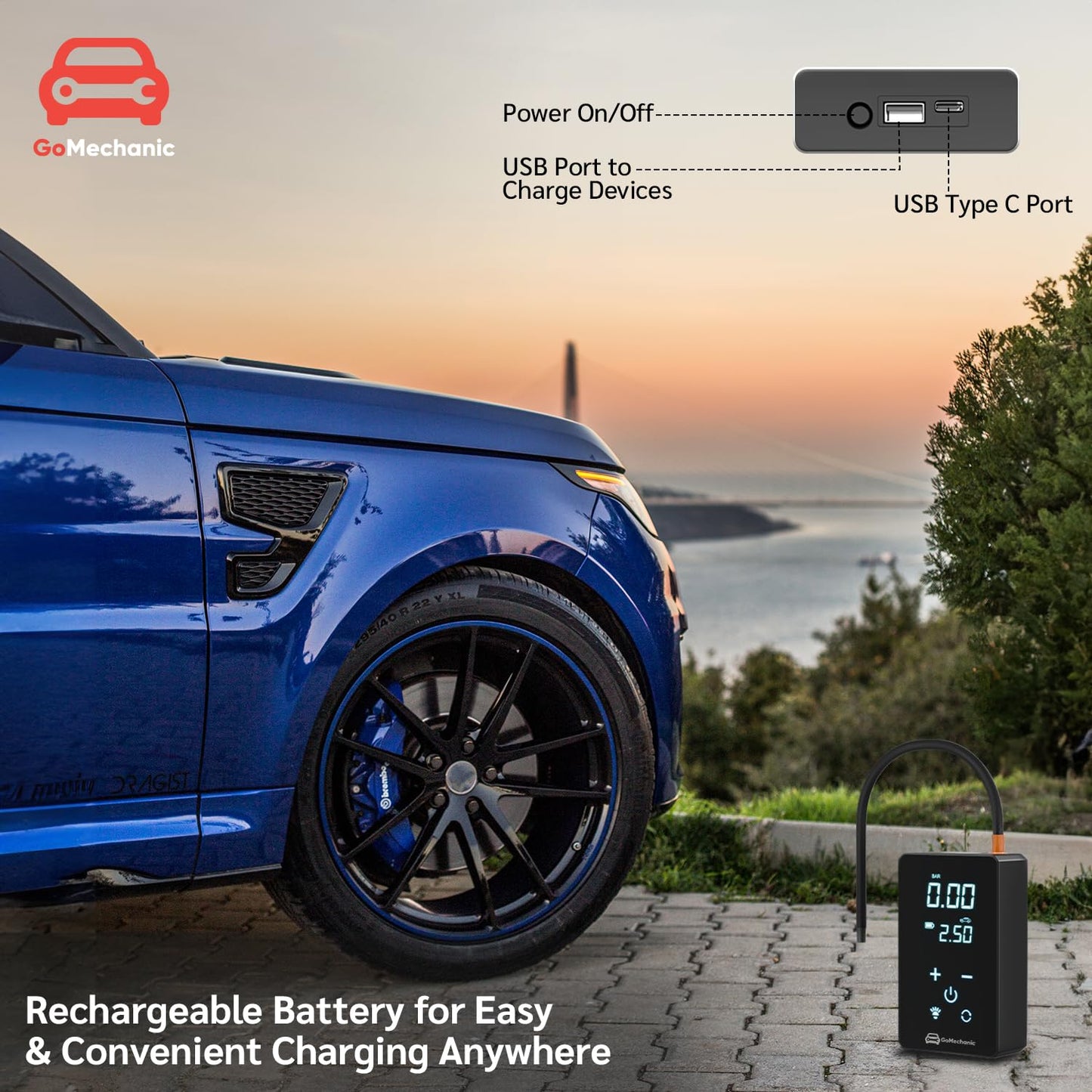 GoMechanic Digital Tyre Inflator for Car - 150 psi, 12V DC Portable Air Pump/Compressor with Digital Tyre Pressure Gauge, Suitable for Bikes, Bicycles or Any Inflatable with LED Light (Gusto T10)