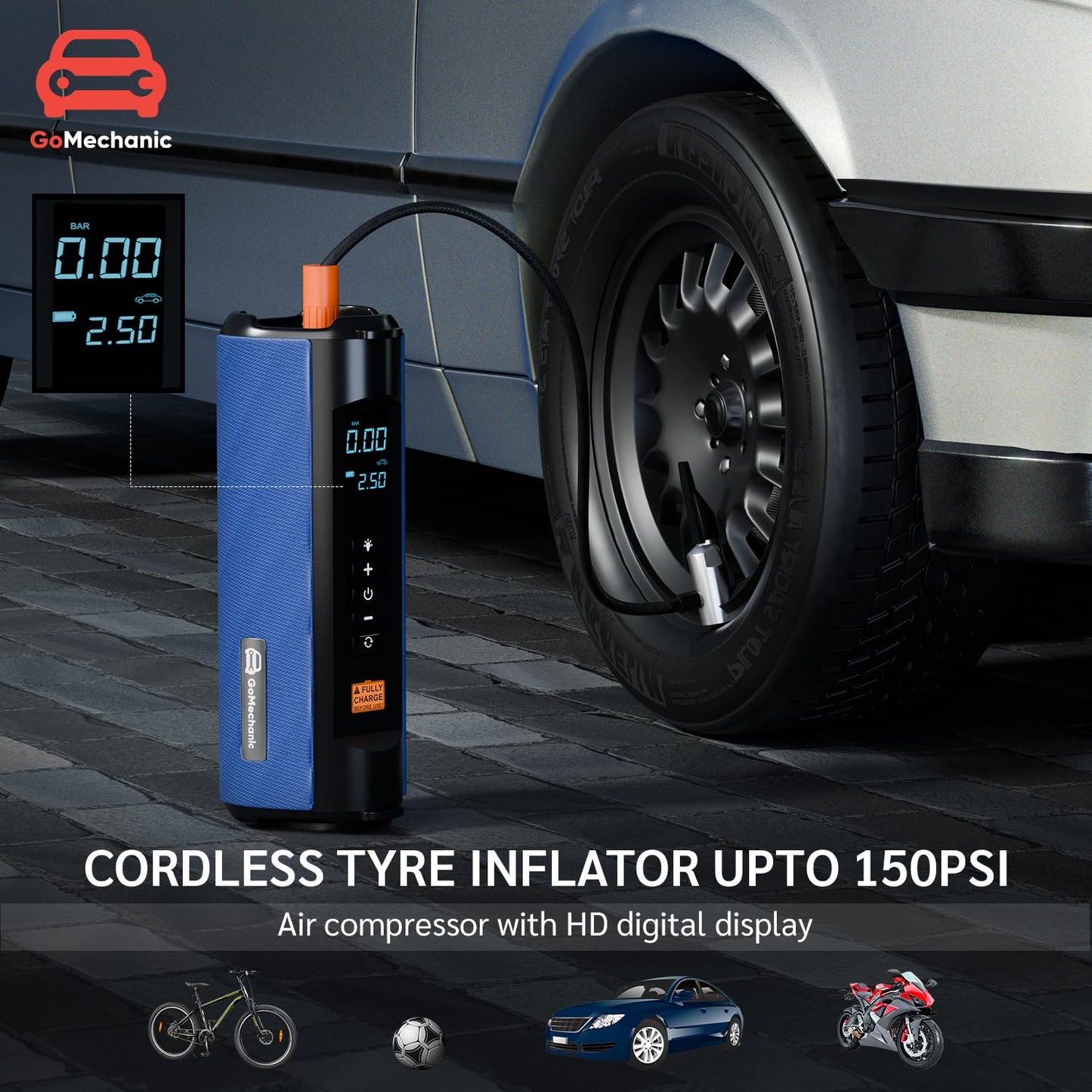 GoMechanic Digital Tyre Inflator for Car - 150 psi, 12V DC Portable Air Pump/Compressor with Digital Tyre Pressure Gauge, Suitable for Bikes, Bicycles or Any Inflatable with LED Light (Gusto T10)