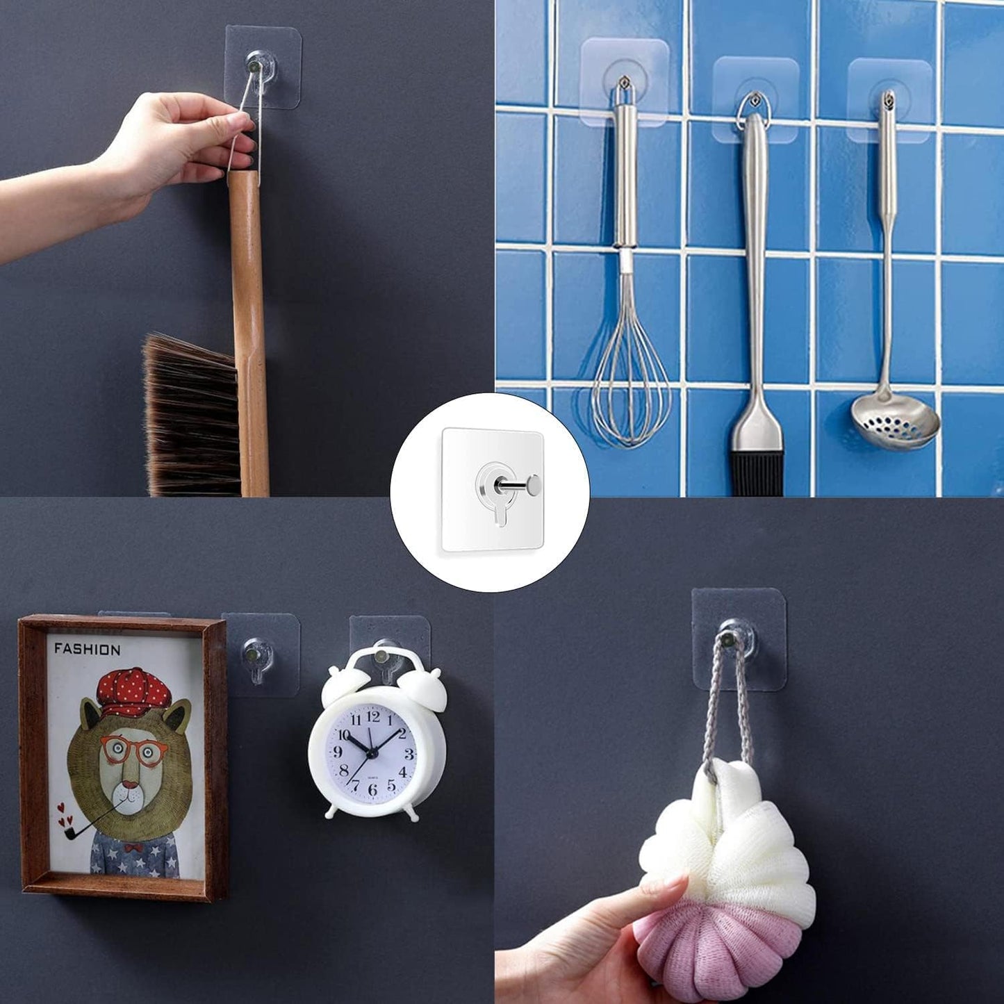 JIALTO Adhesive Hooks Kitchen Wall Hooks-Heavy Duty 13.2lb(Max) Nail Free Sticky Hangers with Stainless Hooks Reusable Utility Towel Bath Ceiling Hooks-10 pcs