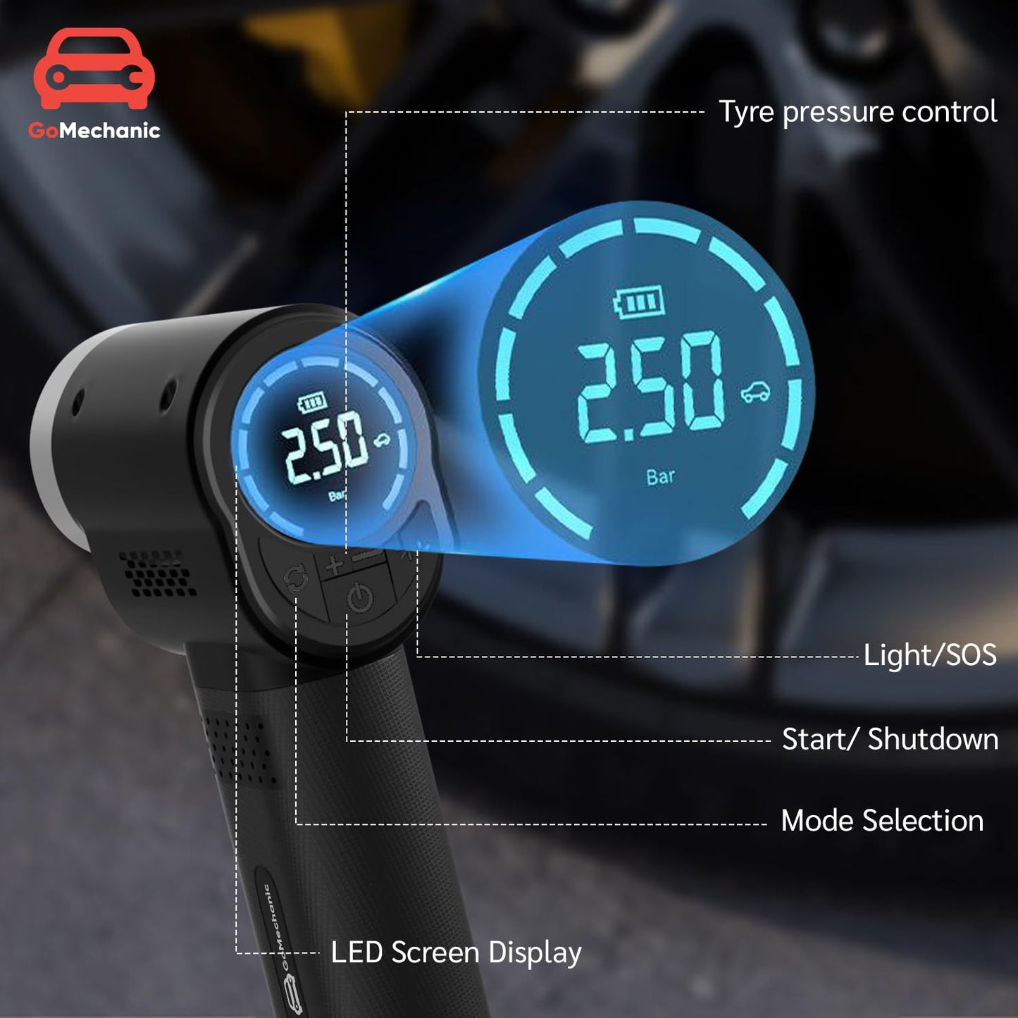 GoMechanic Digital Tyre Inflator for Car - 150 psi, 12V DC Portable Air Pump/Compressor with Digital Tyre Pressure Gauge, Suitable for Bikes, Bicycles or Any Inflatable with LED Light (Gusto T10)