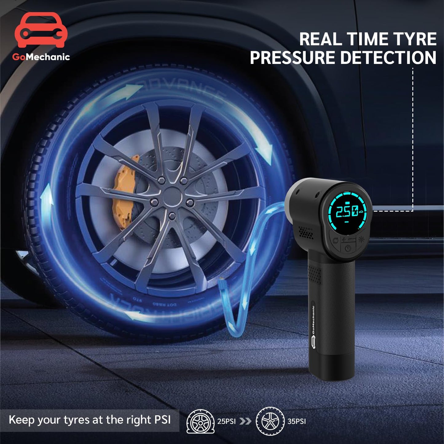 GoMechanic Digital Tyre Inflator for Car - 150 psi, 12V DC Portable Air Pump/Compressor with Digital Tyre Pressure Gauge, Suitable for Bikes, Bicycles or Any Inflatable with LED Light (Gusto T10)