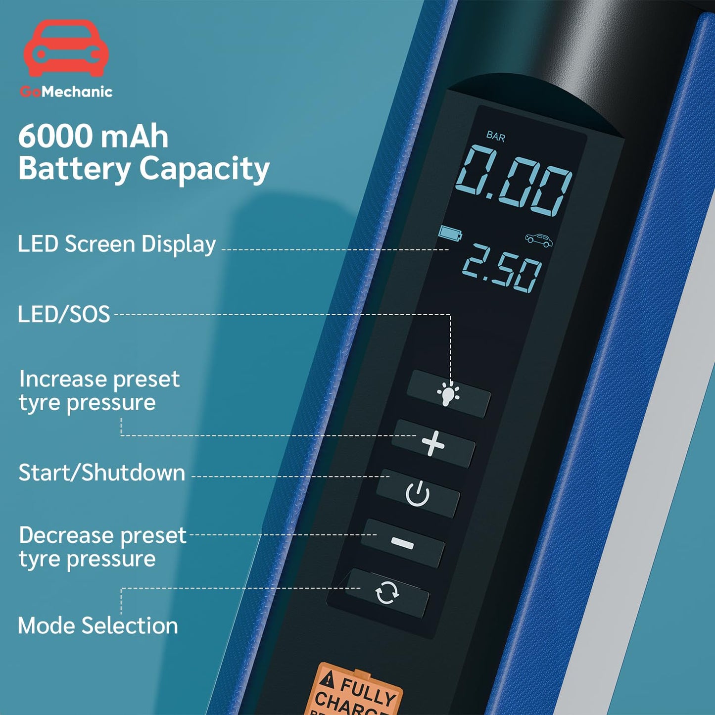 GoMechanic Digital Tyre Inflator for Car - 150 psi, 12V DC Portable Air Pump/Compressor with Digital Tyre Pressure Gauge, Suitable for Bikes, Bicycles or Any Inflatable with LED Light (Gusto T10)