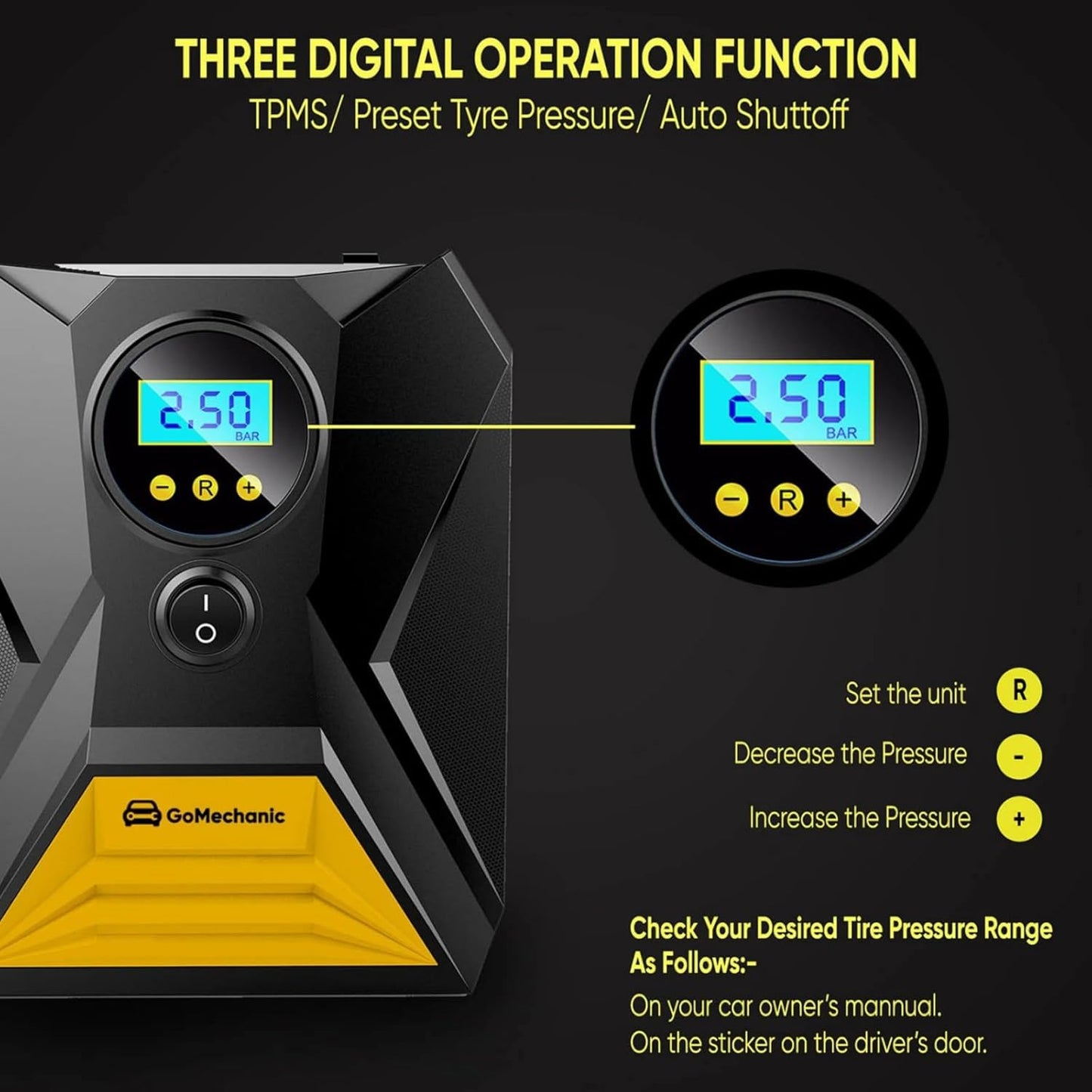 GoMechanic Digital Tyre Inflator for Car - 150 psi, 12V DC Portable Air Pump/Compressor with Digital Tyre Pressure Gauge, Suitable for Bikes, Bicycles or Any Inflatable with LED Light (Gusto T10)