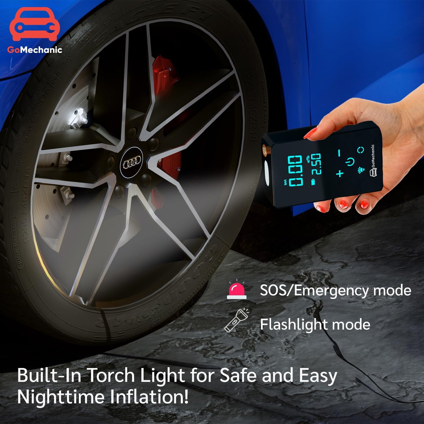 GoMechanic Digital Tyre Inflator for Car - 150 psi, 12V DC Portable Air Pump/Compressor with Digital Tyre Pressure Gauge, Suitable for Bikes, Bicycles or Any Inflatable with LED Light (Gusto T10)