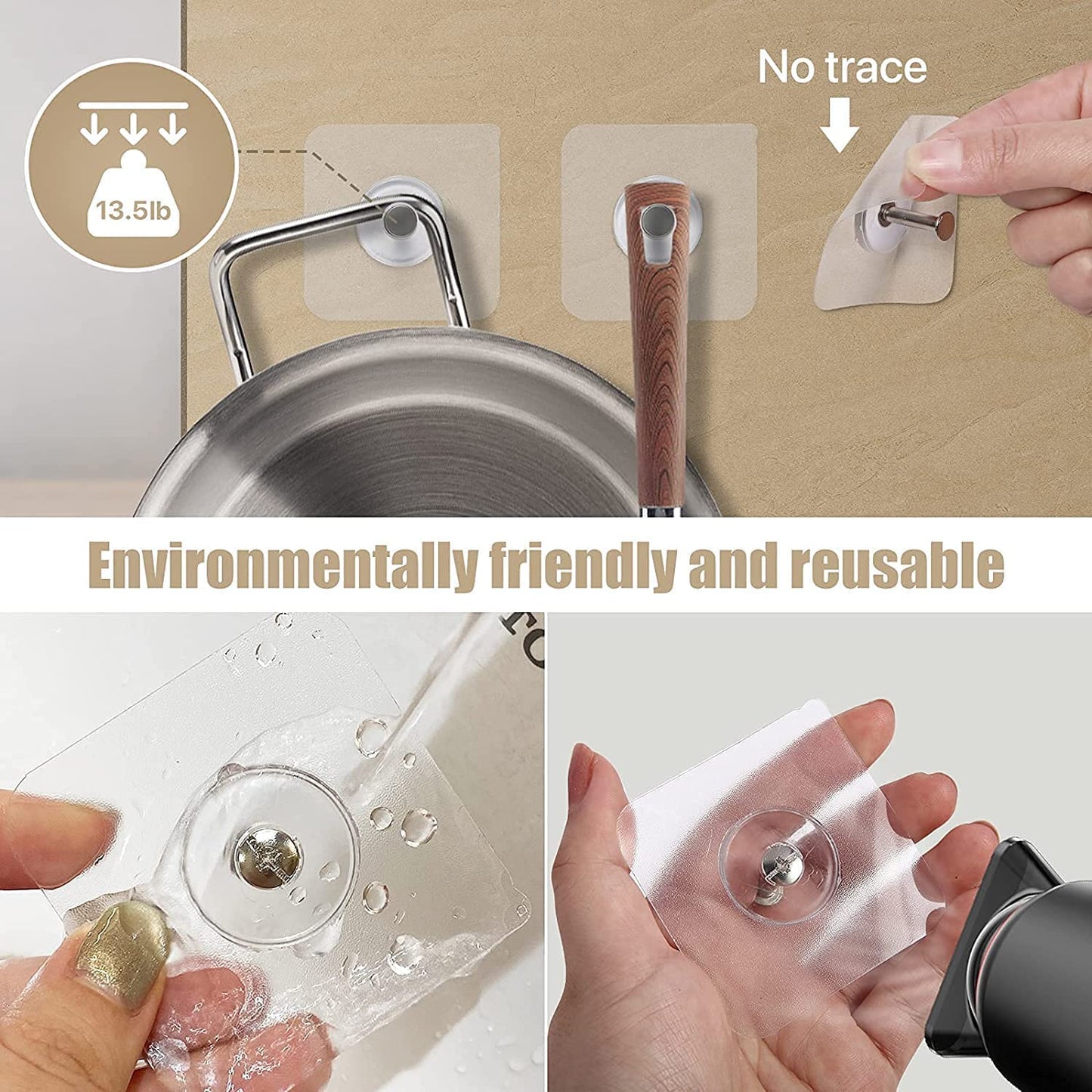 JIALTO Adhesive Hooks Kitchen Wall Hooks-Heavy Duty 13.2lb(Max) Nail Free Sticky Hangers with Stainless Hooks Reusable Utility Towel Bath Ceiling Hooks-10 pcs