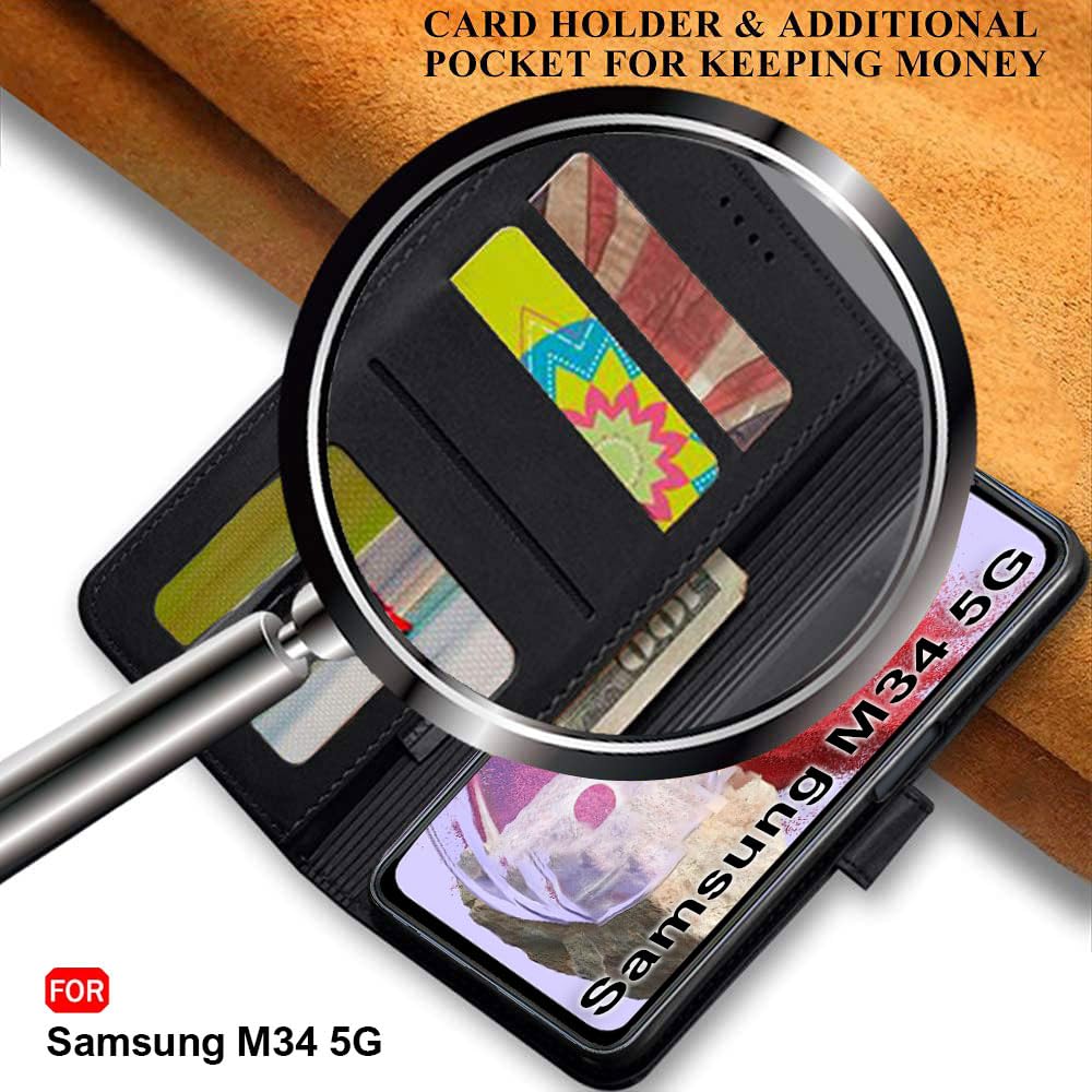 TheGiftKart Genuine Leather Finish Flip Back Cover Case for Samsung Galaxy M34 5G / F34 5G | Inbuilt Pockets & Stand | Designer Button Magnet Flip Cover Back Case for Samsung M34 5G / F34 5G (Blue)
