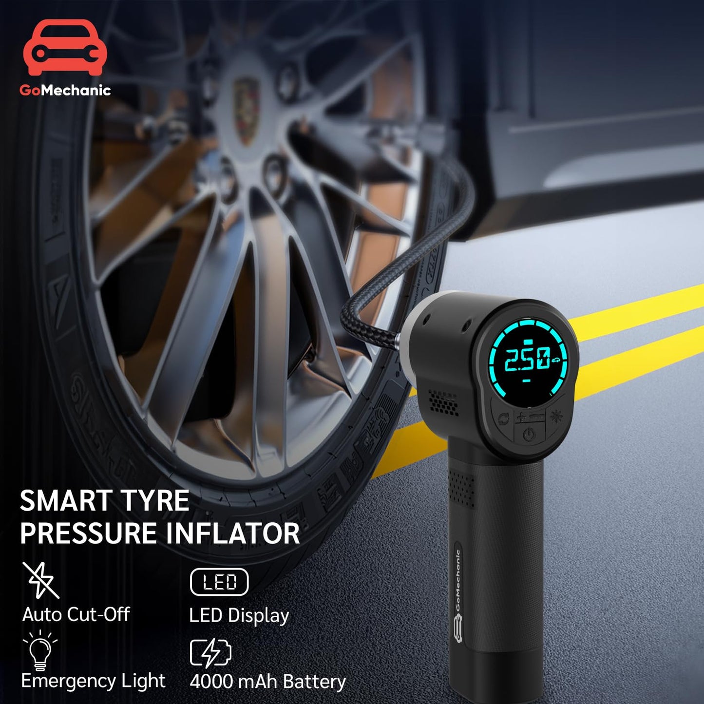 GoMechanic Digital Tyre Inflator for Car - 150 psi, 12V DC Portable Air Pump/Compressor with Digital Tyre Pressure Gauge, Suitable for Bikes, Bicycles or Any Inflatable with LED Light (Gusto T10)