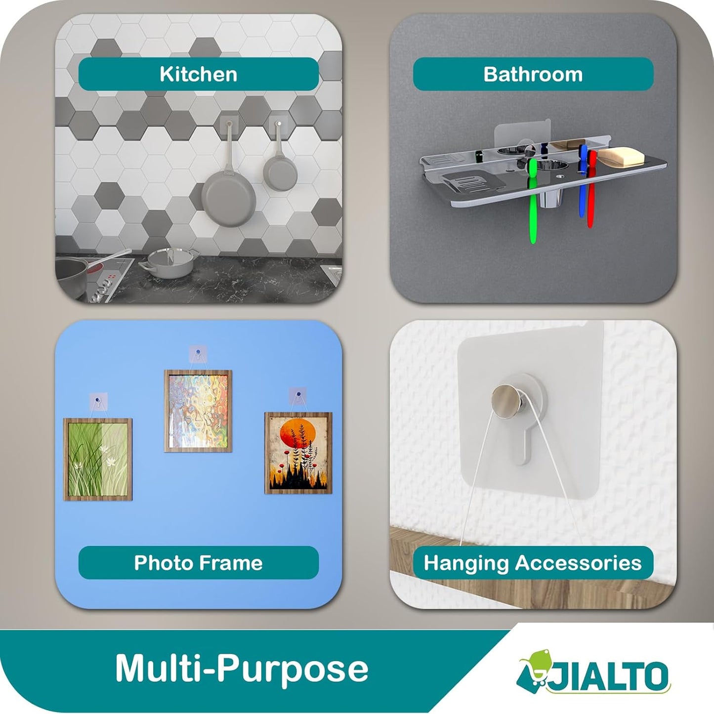 JIALTO Adhesive Hooks Kitchen Wall Hooks-Heavy Duty 13.2lb(Max) Nail Free Sticky Hangers with Stainless Hooks Reusable Utility Towel Bath Ceiling Hooks-10 pcs