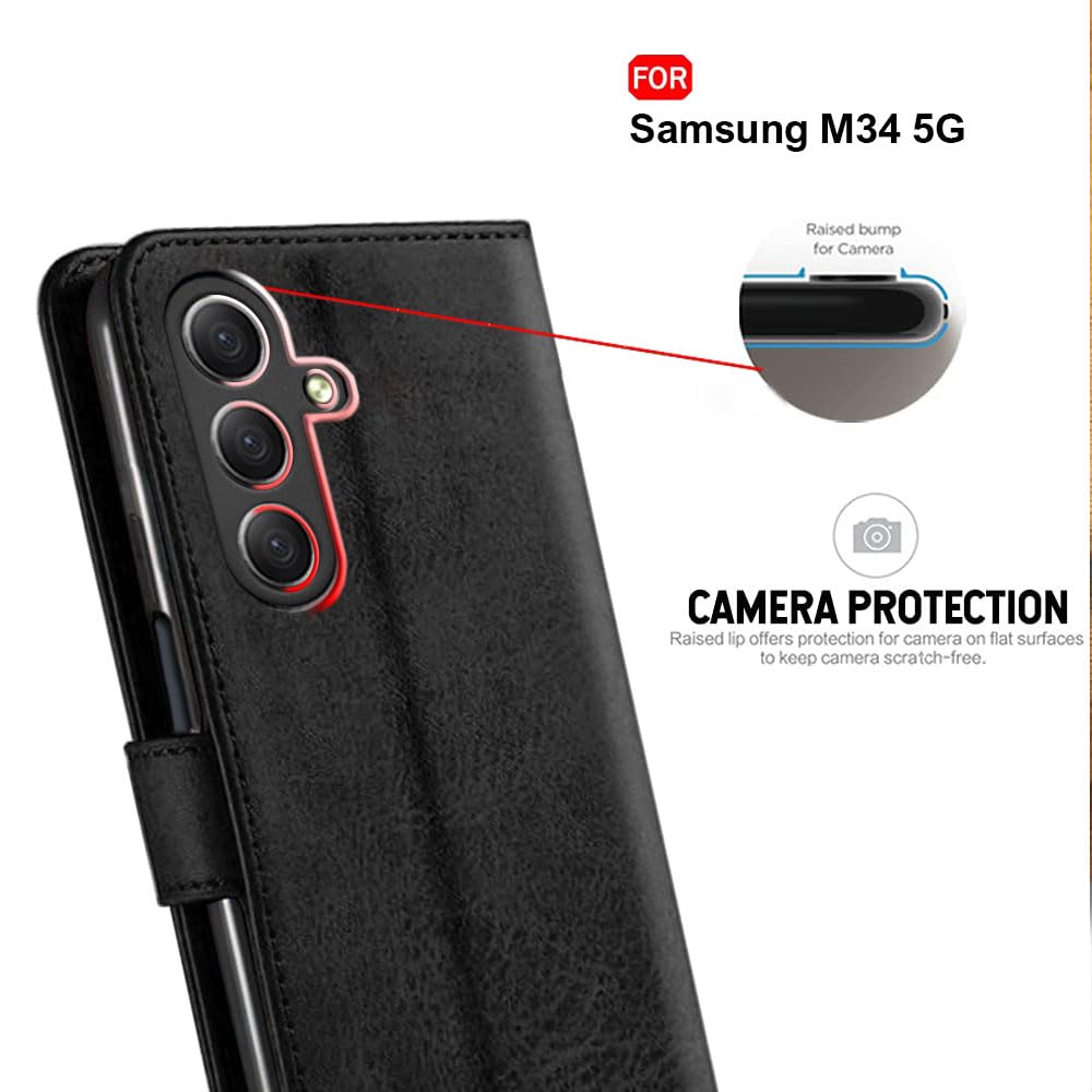 TheGiftKart Genuine Leather Finish Flip Back Cover Case for Samsung Galaxy M34 5G / F34 5G | Inbuilt Pockets & Stand | Designer Button Magnet Flip Cover Back Case for Samsung M34 5G / F34 5G (Blue)