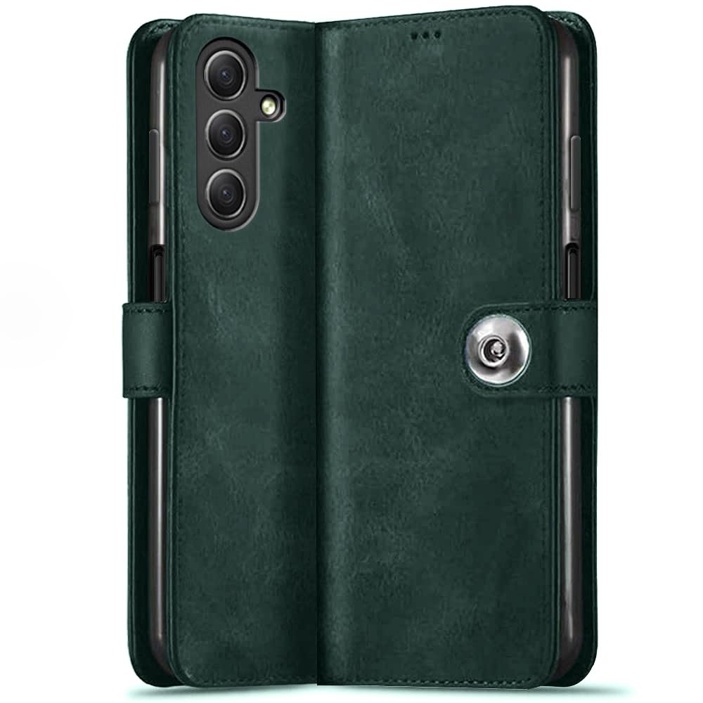 TheGiftKart Genuine Leather Finish Flip Back Cover Case for Samsung Galaxy M34 5G / F34 5G | Inbuilt Pockets & Stand | Designer Button Magnet Flip Cover Back Case for Samsung M34 5G / F34 5G (Blue)