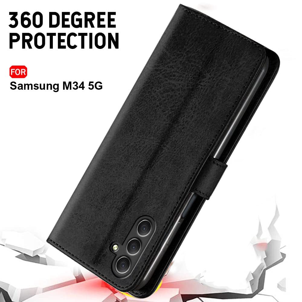 TheGiftKart Genuine Leather Finish Flip Back Cover Case for Samsung Galaxy M34 5G / F34 5G | Inbuilt Pockets & Stand | Designer Button Magnet Flip Cover Back Case for Samsung M34 5G / F34 5G (Blue)