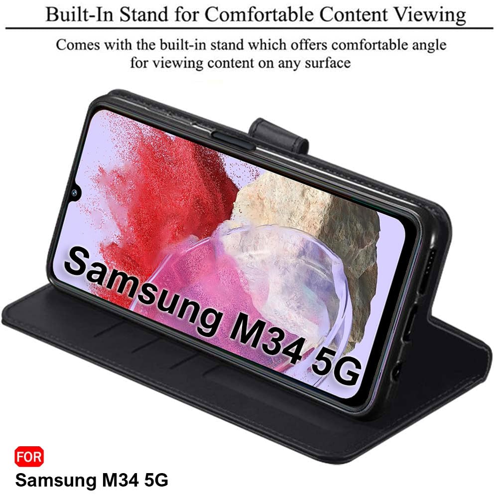 TheGiftKart Genuine Leather Finish Flip Back Cover Case for Samsung Galaxy M34 5G / F34 5G | Inbuilt Pockets & Stand | Designer Button Magnet Flip Cover Back Case for Samsung M34 5G / F34 5G (Blue)