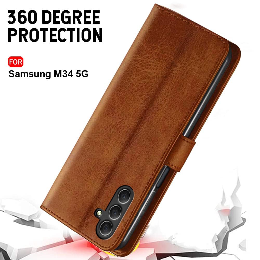 TheGiftKart Genuine Leather Finish Flip Back Cover Case for Samsung Galaxy M34 5G / F34 5G | Inbuilt Pockets & Stand | Designer Button Magnet Flip Cover Back Case for Samsung M34 5G / F34 5G (Blue)