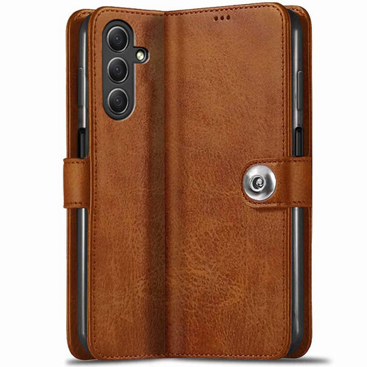 TheGiftKart Genuine Leather Finish Flip Back Cover Case for Samsung Galaxy M34 5G / F34 5G | Inbuilt Pockets & Stand | Designer Button Magnet Flip Cover Back Case for Samsung M34 5G / F34 5G (Blue)