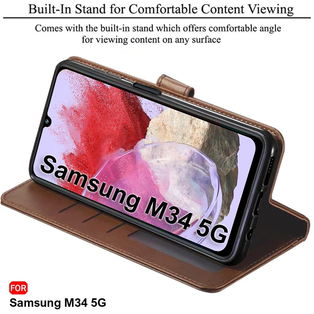 TheGiftKart Genuine Leather Finish Flip Back Cover Case for Samsung Galaxy M34 5G / F34 5G | Inbuilt Pockets & Stand | Designer Button Magnet Flip Cover Back Case for Samsung M34 5G / F34 5G (Blue)