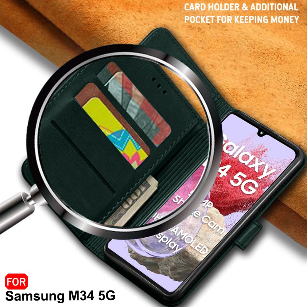 TheGiftKart Genuine Leather Finish Flip Back Cover Case for Samsung Galaxy M34 5G / F34 5G | Inbuilt Pockets & Stand | Designer Button Magnet Flip Cover Back Case for Samsung M34 5G / F34 5G (Blue)