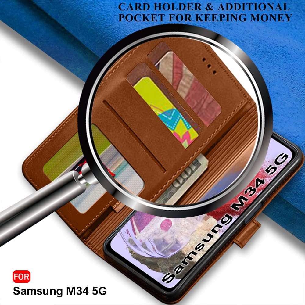 TheGiftKart Genuine Leather Finish Flip Back Cover Case for Samsung Galaxy M34 5G / F34 5G | Inbuilt Pockets & Stand | Designer Button Magnet Flip Cover Back Case for Samsung M34 5G / F34 5G (Blue)