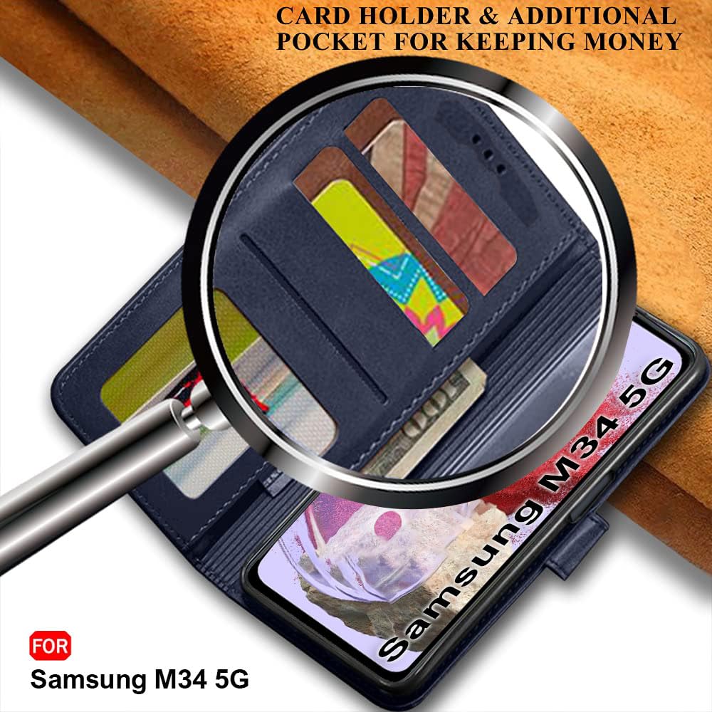 TheGiftKart Genuine Leather Finish Flip Back Cover Case for Samsung Galaxy M34 5G / F34 5G | Inbuilt Pockets & Stand | Designer Button Magnet Flip Cover Back Case for Samsung M34 5G / F34 5G (Blue)