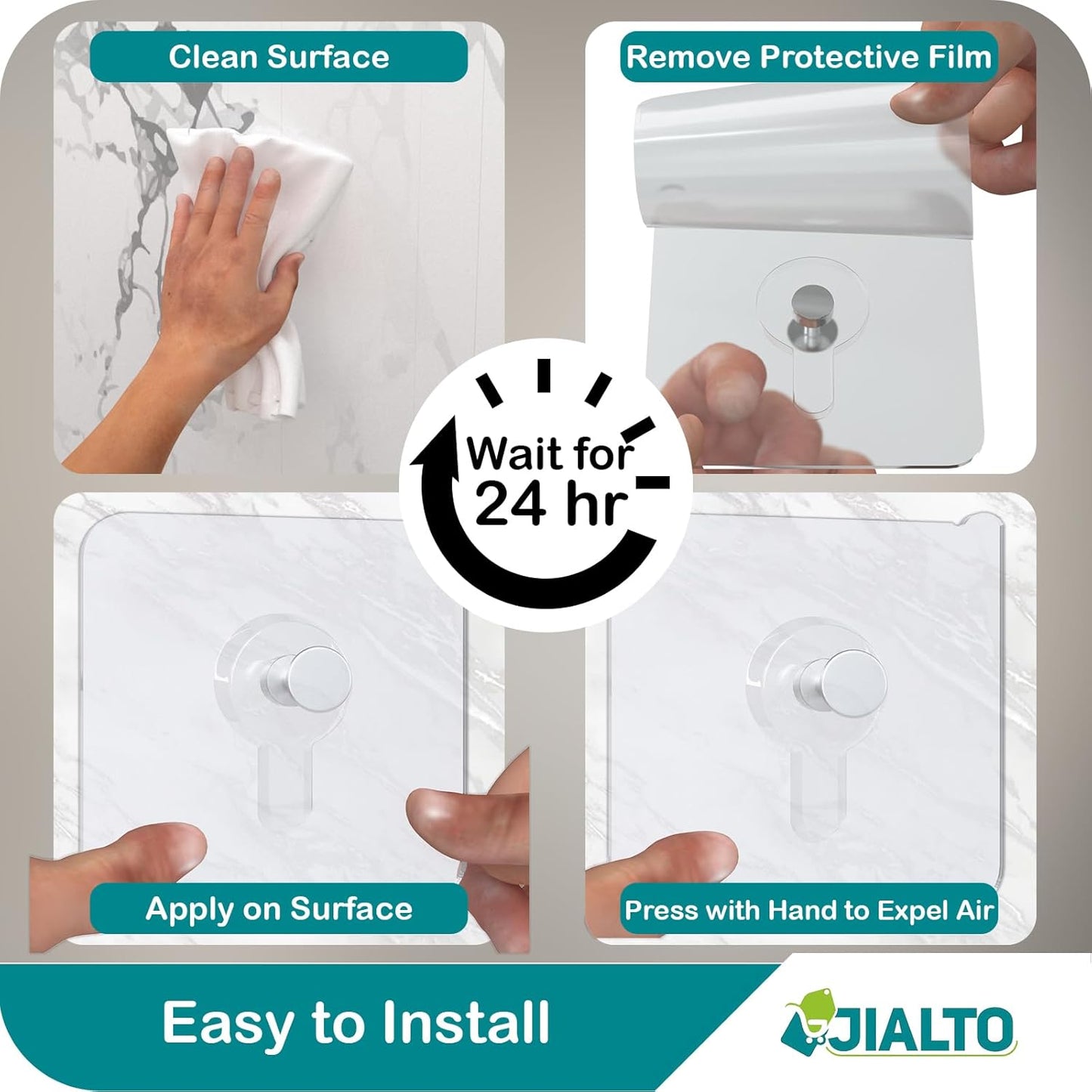 JIALTO Adhesive Hooks Kitchen Wall Hooks-Heavy Duty 13.2lb(Max) Nail Free Sticky Hangers with Stainless Hooks Reusable Utility Towel Bath Ceiling Hooks-10 pcs