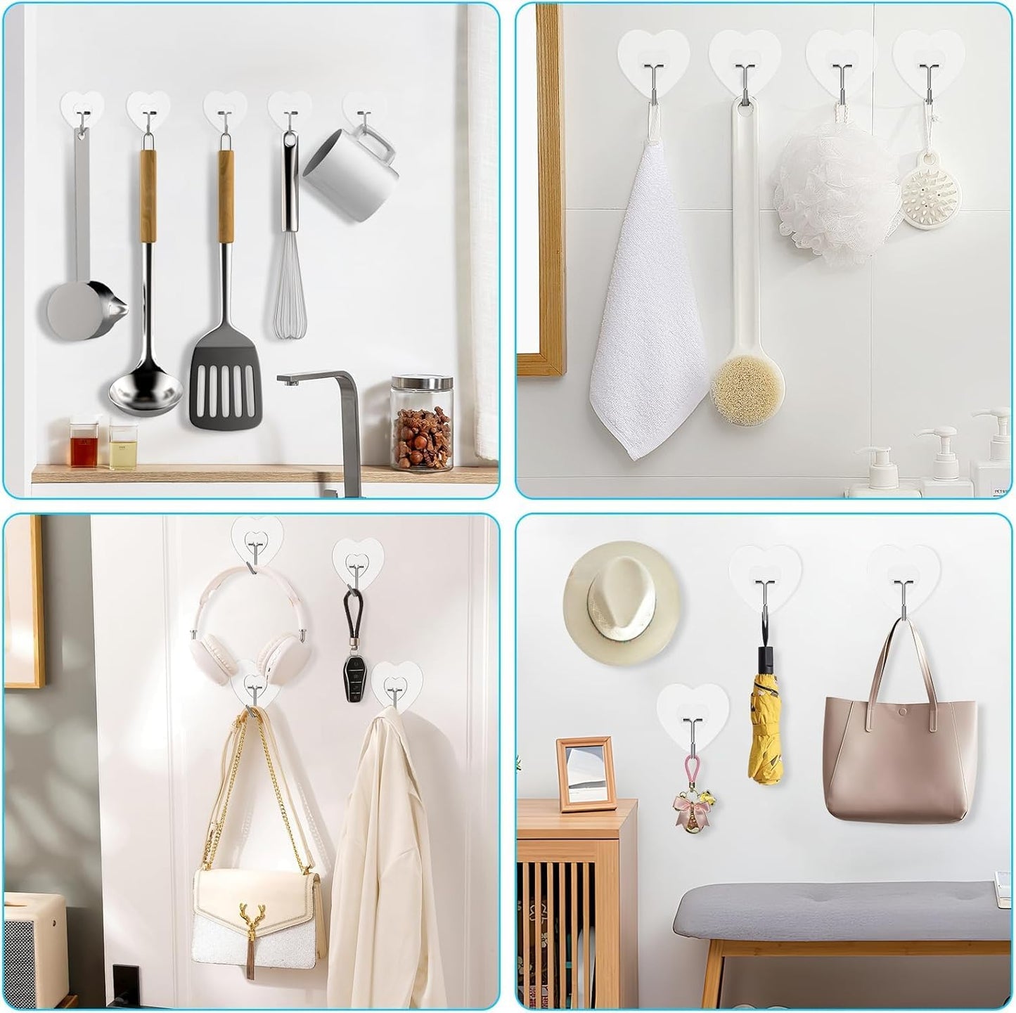 JIALTO Adhesive Hooks Kitchen Wall Hooks-Heavy Duty 13.2lb(Max) Nail Free Sticky Hangers with Stainless Hooks Reusable Utility Towel Bath Ceiling Hooks-10 pcs