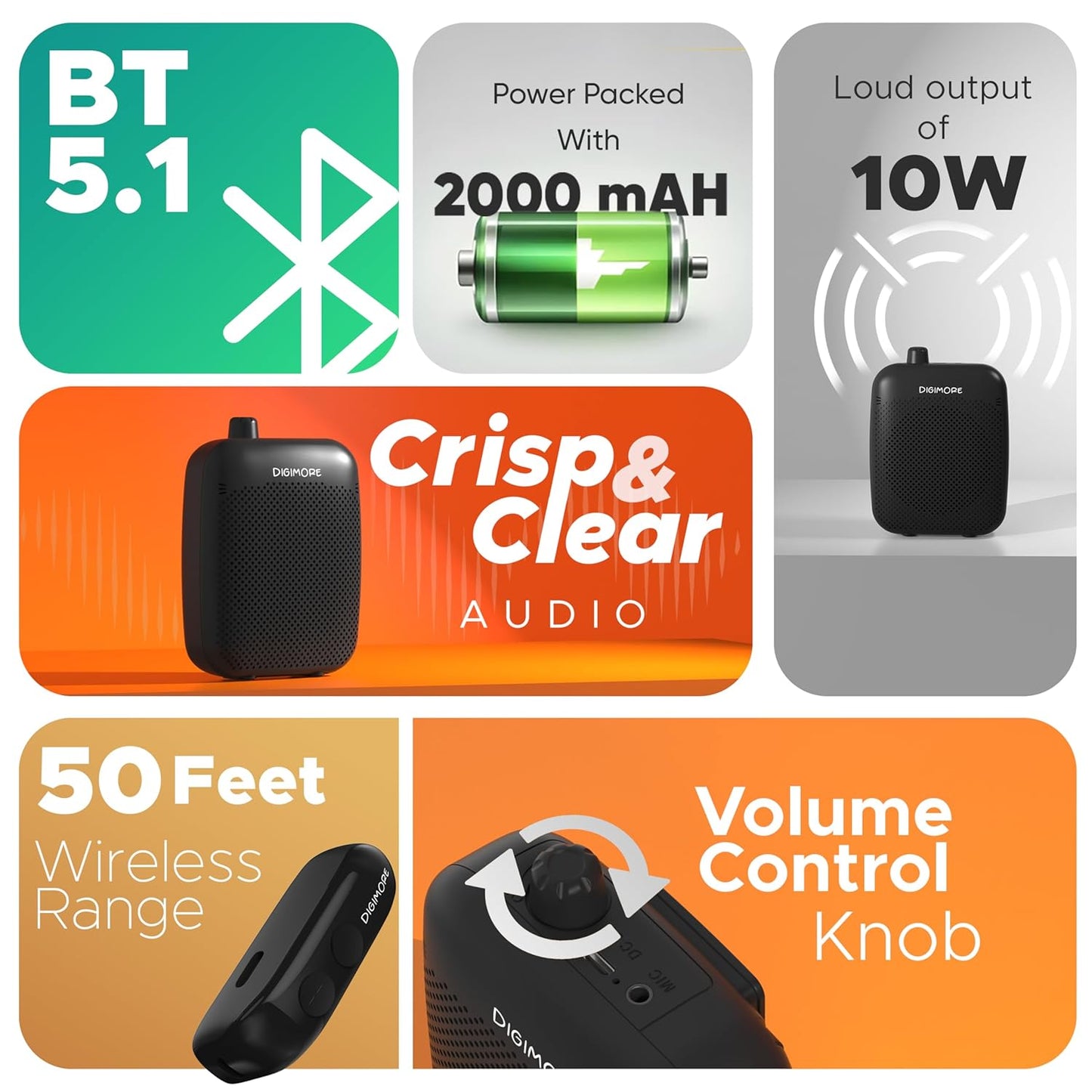 DIGIMORE Wireless Voice Amplifier for Teachers with Bluetooth | 10-Hr Battery | 10W Speaker | Wireless Headset Mic for Tour Guides, Teaching Mic, Factory Visits & PA System (D-1200 WL)